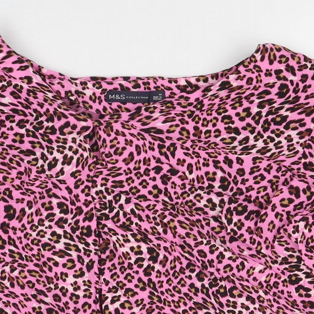 Marks and Spencer Womens Pink Animal Print Polyester Basic Blouse Size 18 Round Neck