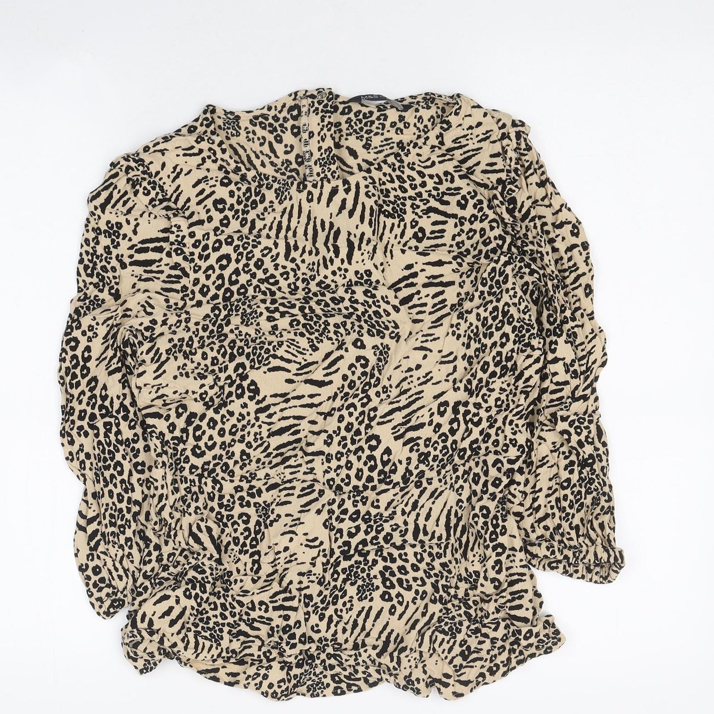 Marks and Spencer Womens Beige Animal Print Polyester Basic Blouse Size 14 Round Neck