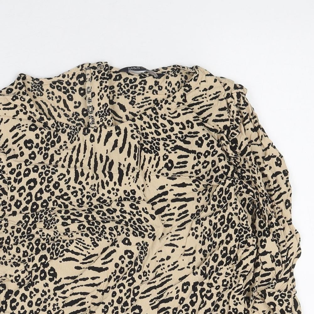 Marks and Spencer Womens Beige Animal Print Polyester Basic Blouse Size 14 Round Neck