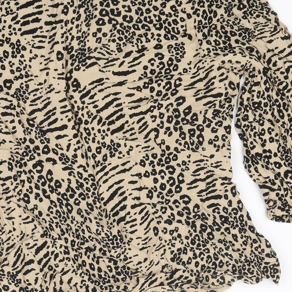 Marks and Spencer Womens Beige Animal Print Polyester Basic Blouse Size 14 Round Neck