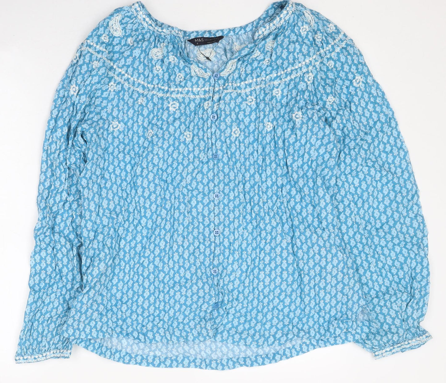Marks and Spencer Womens Blue Geometric Polyester Basic Blouse Size 6 Round Neck