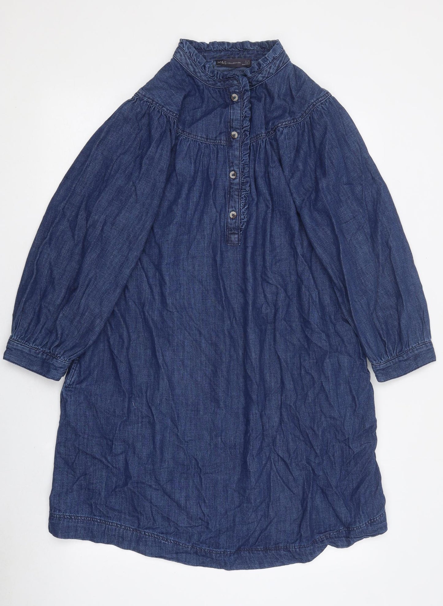 Marks and Spencer Womens Blue Paisley 100% Cotton Shirt Dress Size 10 High Neck Button