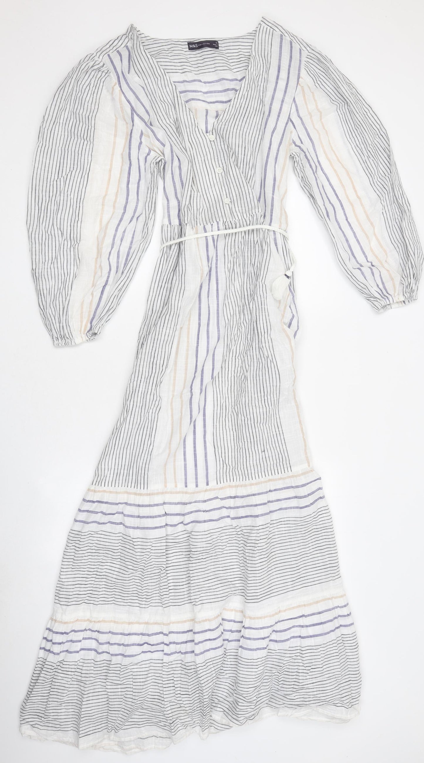 Marks and Spencer Womens Multicoloured Striped Polyester Fit & Flare Size 10 V-Neck Button
