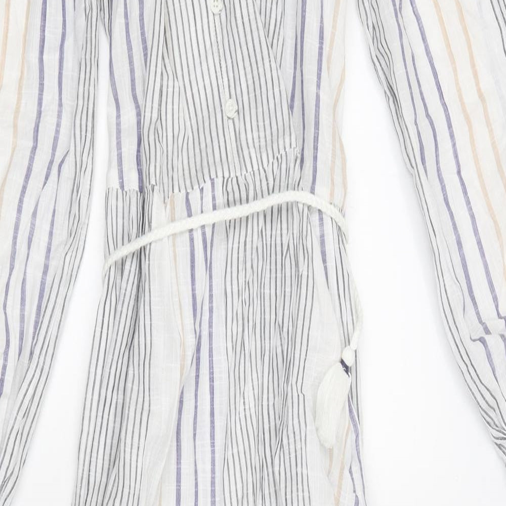 Marks and Spencer Womens Multicoloured Striped Polyester Fit & Flare Size 10 V-Neck Button