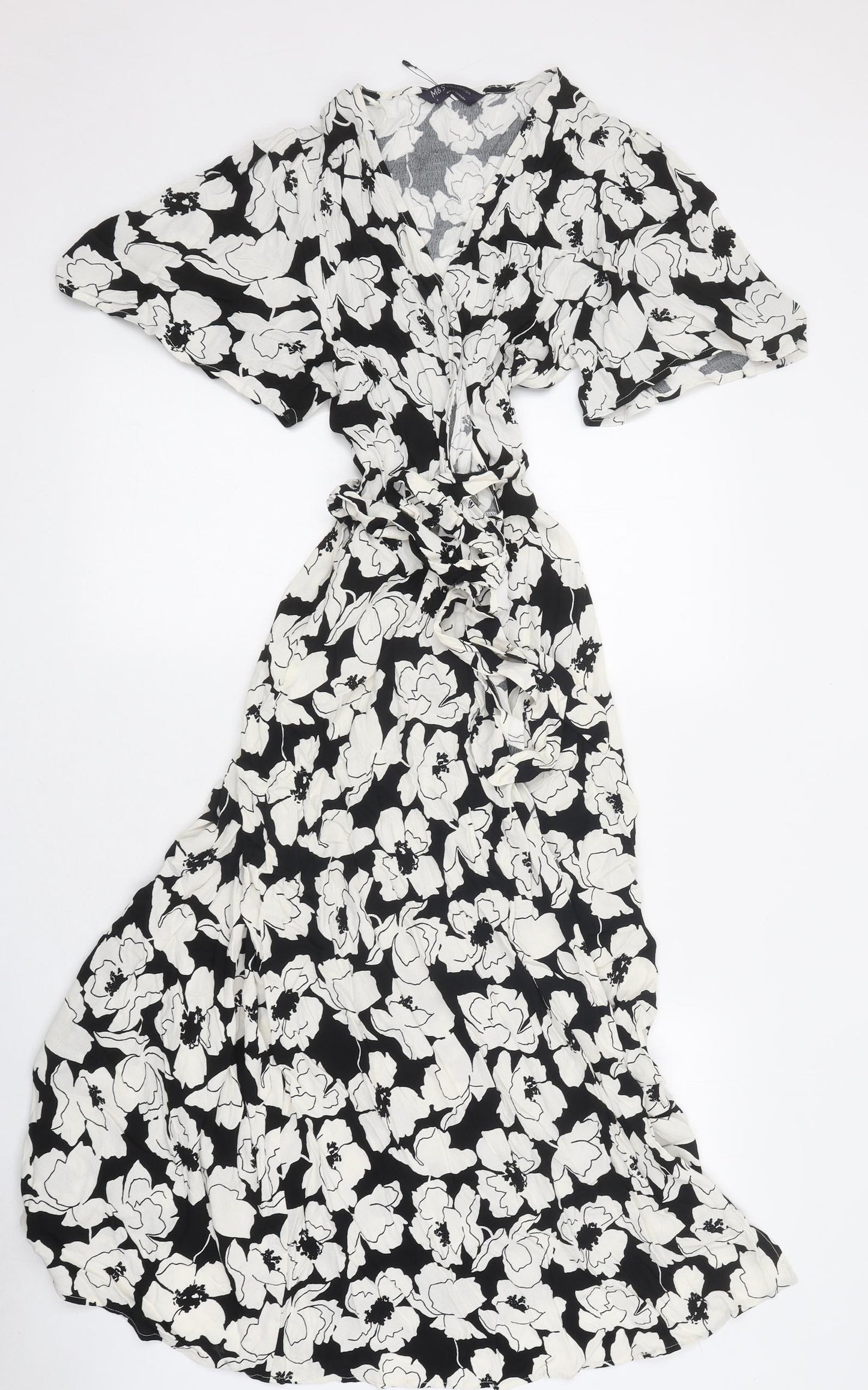 Marks and Spencer Womens Beige Floral Polyester Wrap Dress Size 8 V-Neck Tie