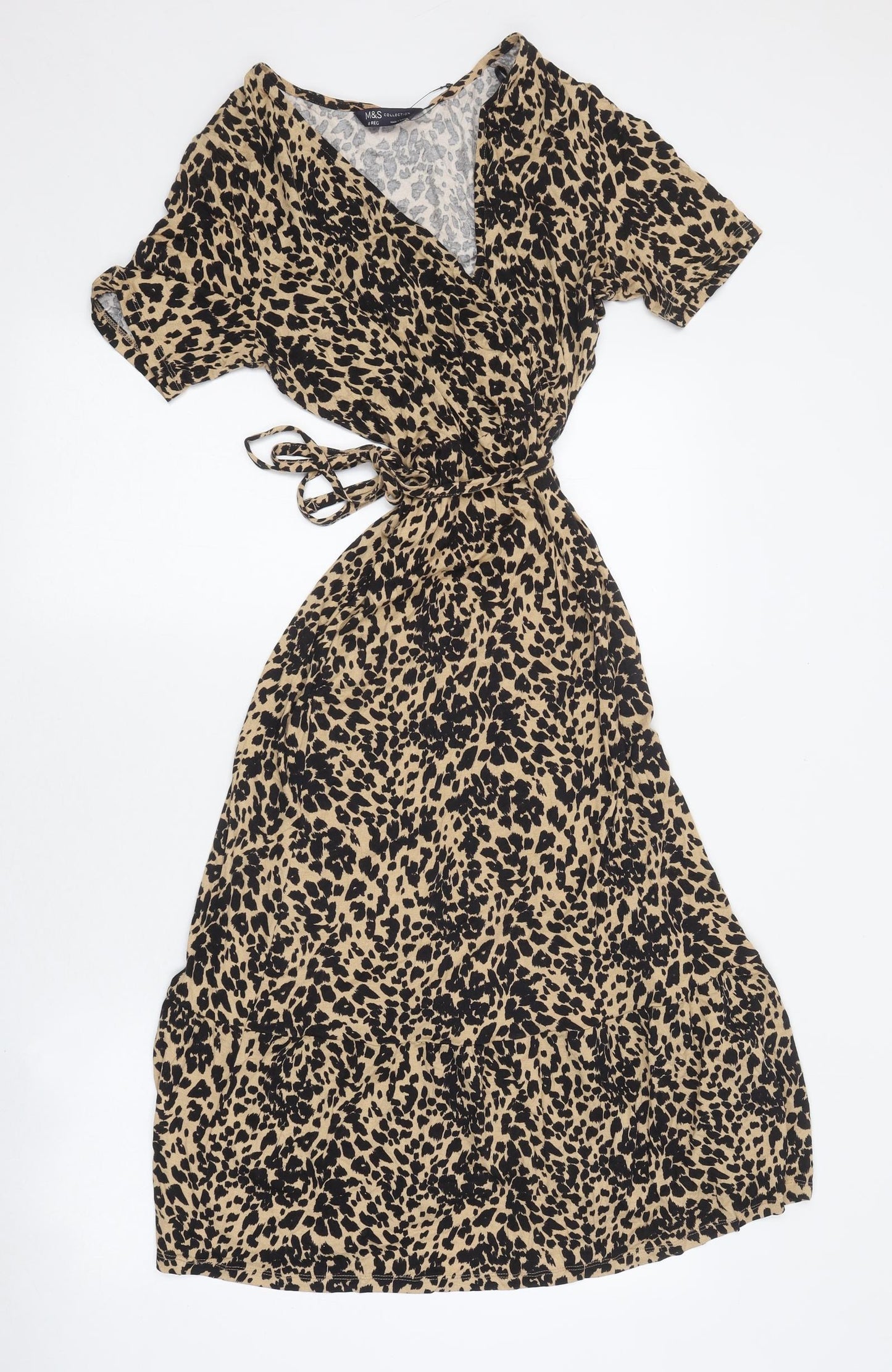 Marks and Spencer Womens Brown Animal Print Polyester Wrap Dress Size 8 V-Neck Tie