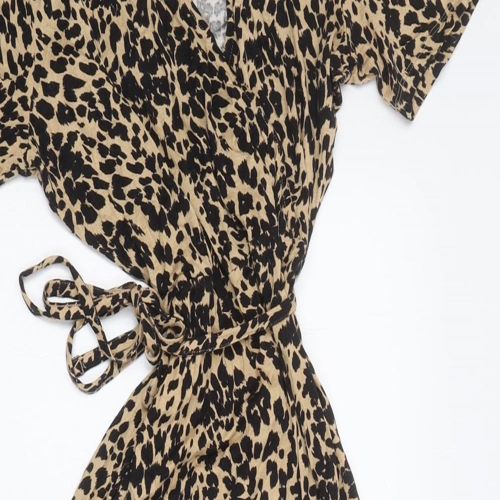 Marks and Spencer Womens Brown Animal Print Polyester Wrap Dress Size 8 V-Neck Tie