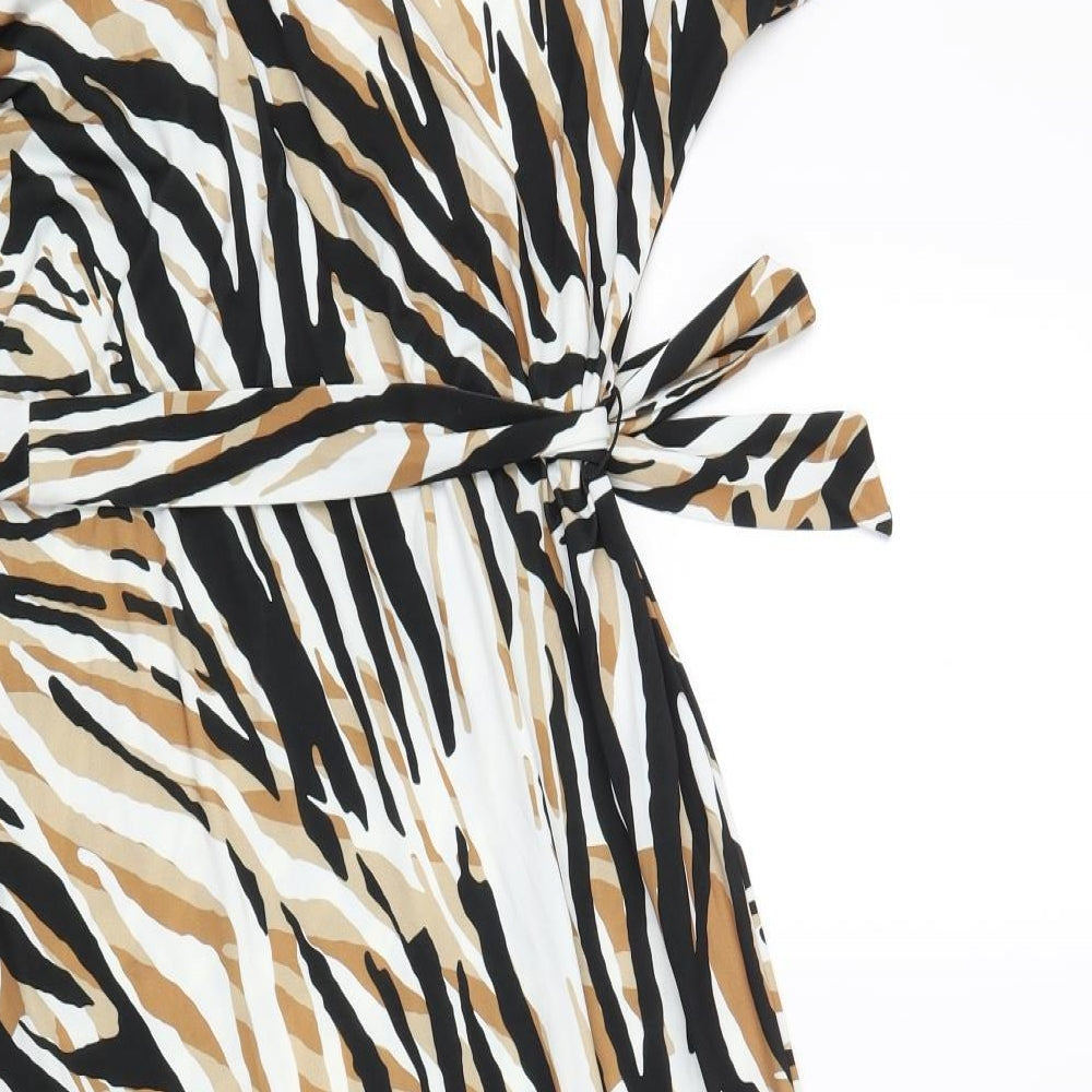 Roman Womens Brown Animal Print Polyester Fit & Flare Size 16 V-Neck Tie - Tiger Print