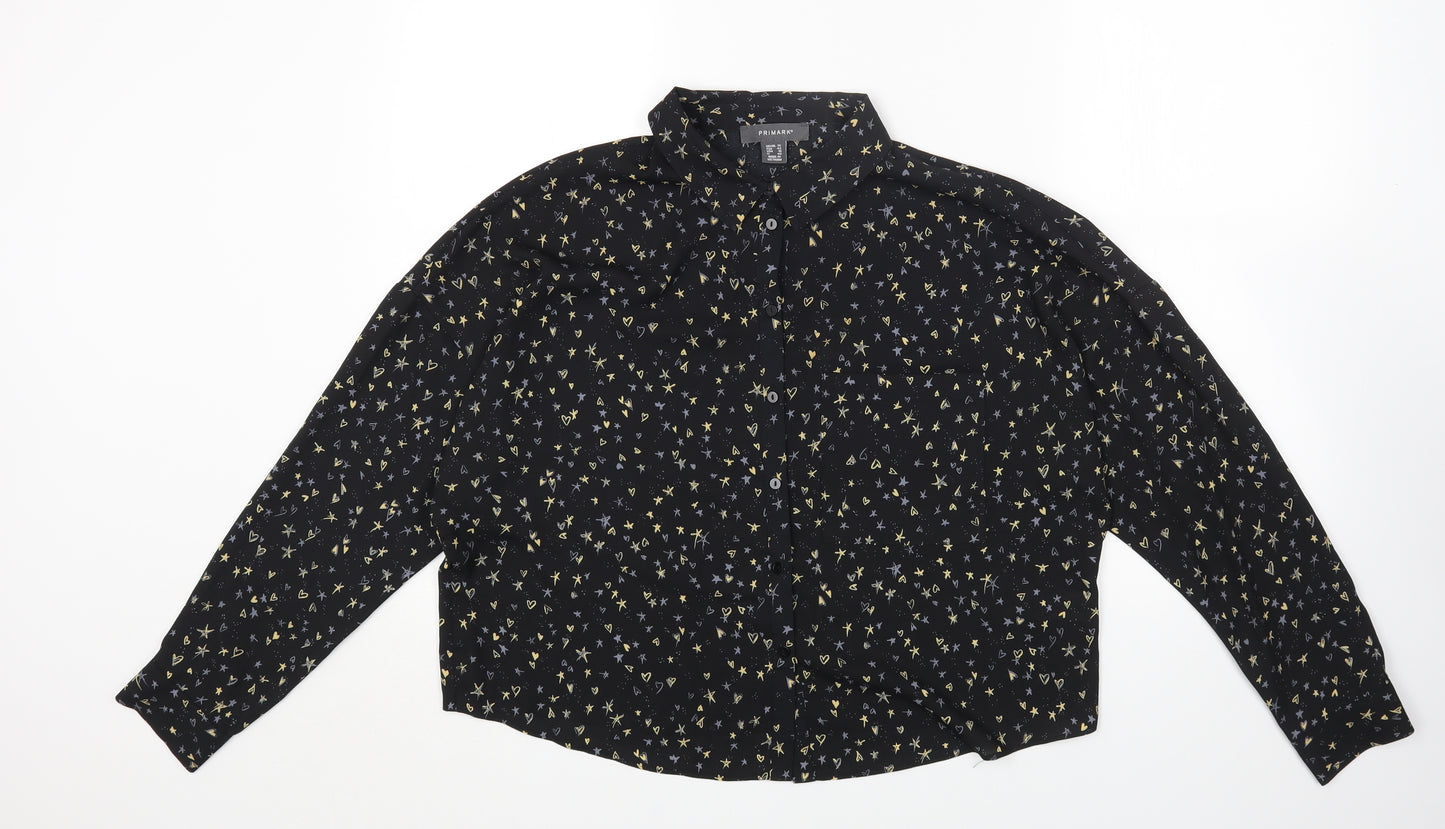 Primark Womens Black Geometric Polyester Basic Button-Up Size 14 Collared