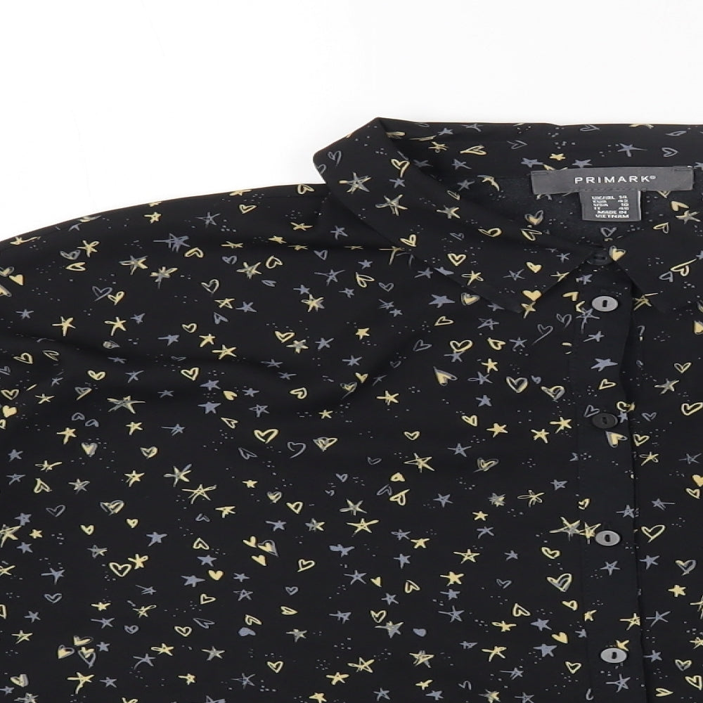 Primark Womens Black Geometric Polyester Basic Button-Up Size 14 Collared