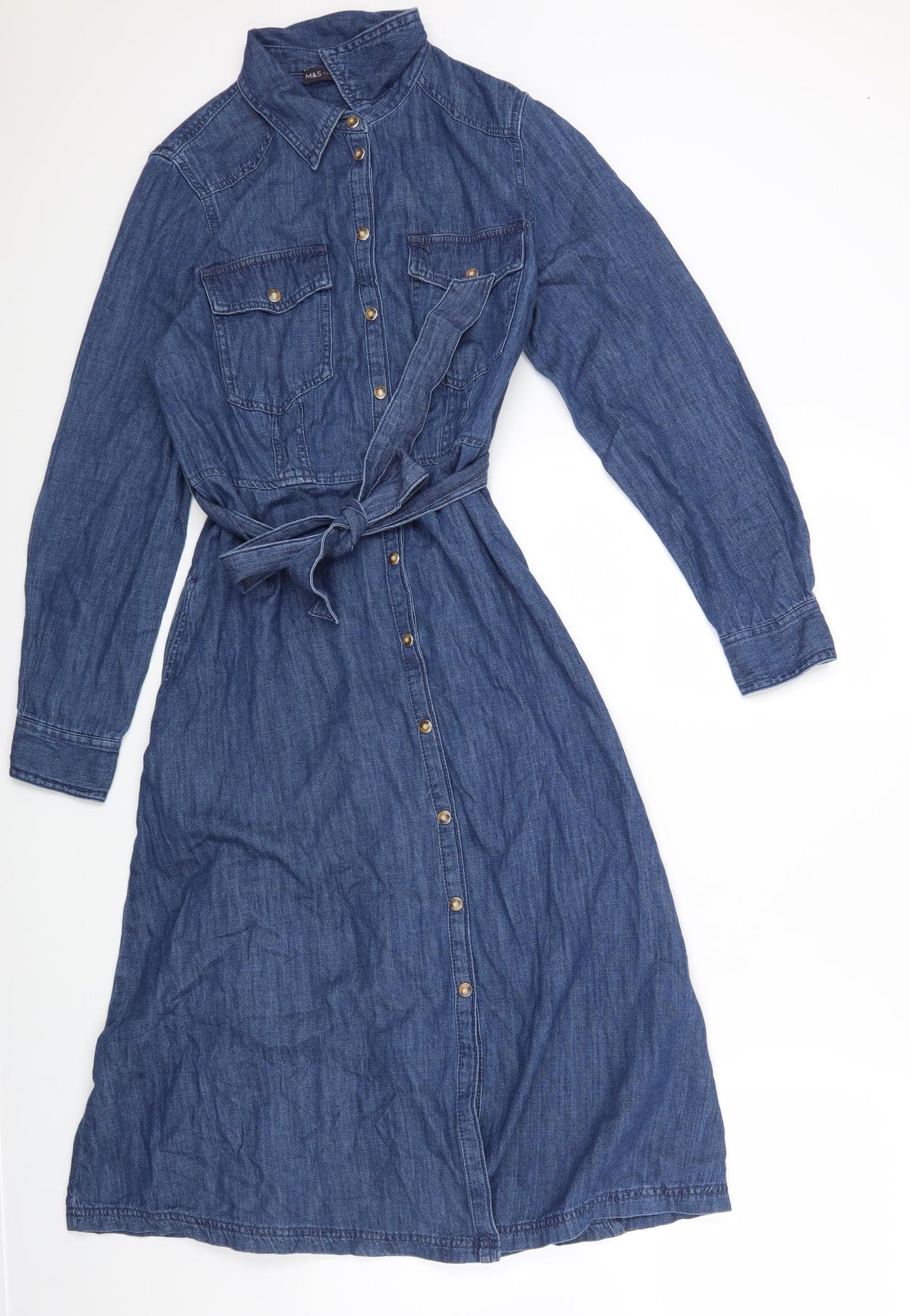 Marks and Spencer Womens Blue Cotton Fit & Flare Size 12 Collared Button