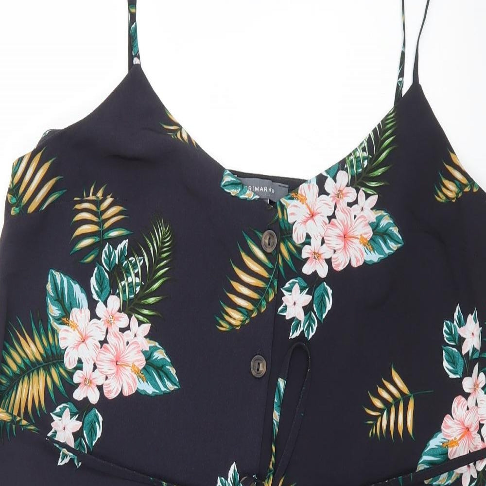 Primark Womens Black Floral Polyester A-Line Size 16 Sweetheart Button