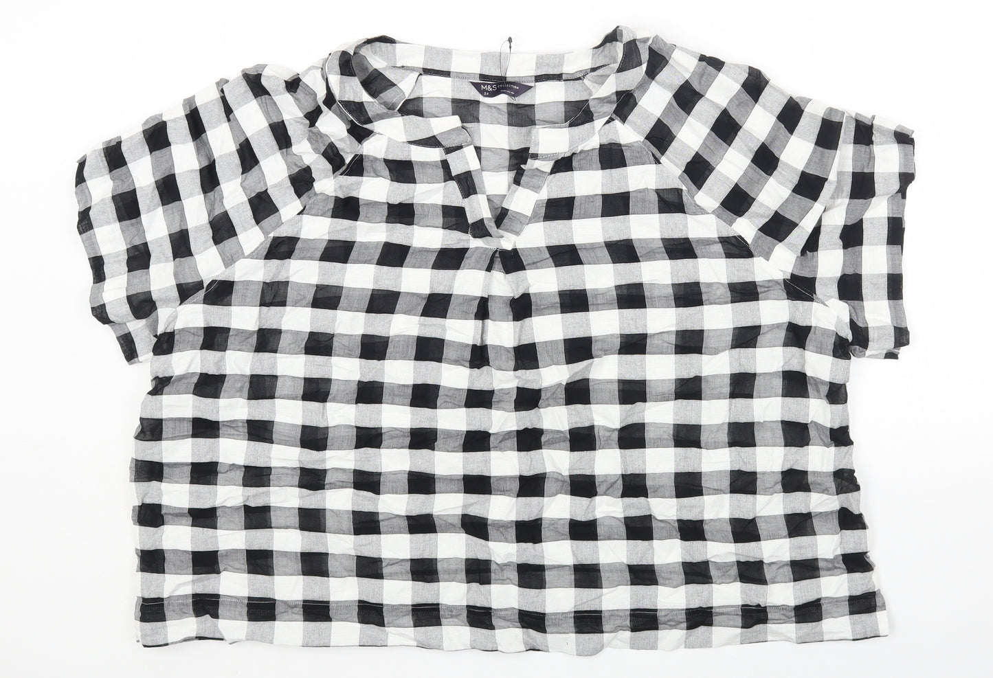 Marks and Spencer Womens Multicoloured Check Cotton Basic T-Shirt Size 24 V-Neck