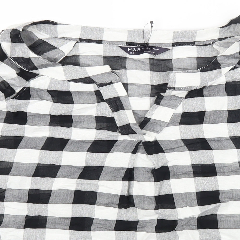 Marks and Spencer Womens Multicoloured Check Cotton Basic T-Shirt Size 24 V-Neck