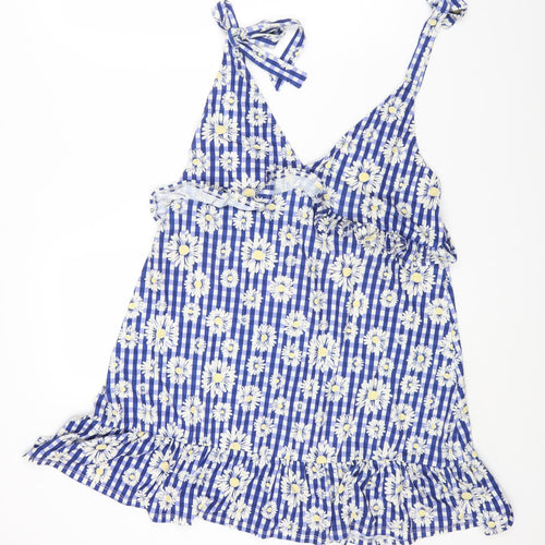 ASOS Womens Blue Geometric Polyester Pinafore/Dungaree Dress Size 12 V-Neck Tie