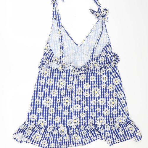 ASOS Womens Blue Geometric Polyester Pinafore/Dungaree Dress Size 12 V-Neck Tie