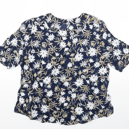 Marks and Spencer Womens Blue Floral Linen Basic T-Shirt Size 10 Round Neck