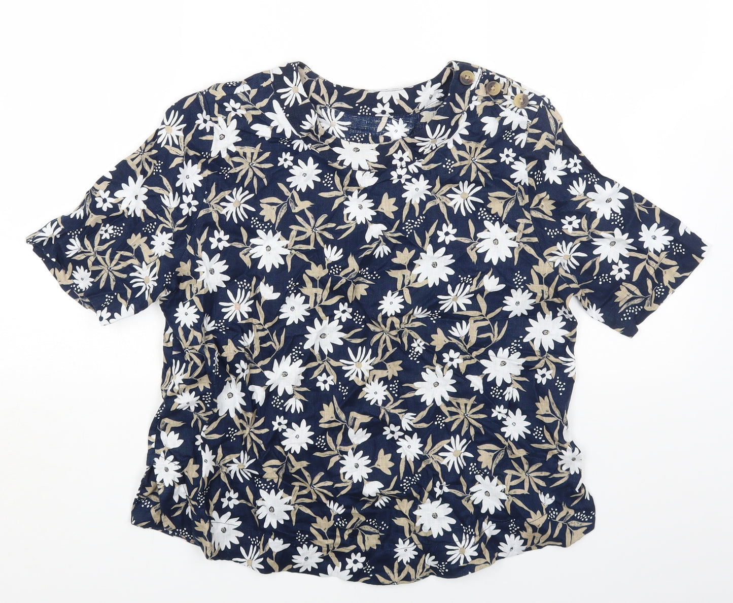 Marks and Spencer Womens Blue Floral Linen Basic T-Shirt Size 10 Round Neck