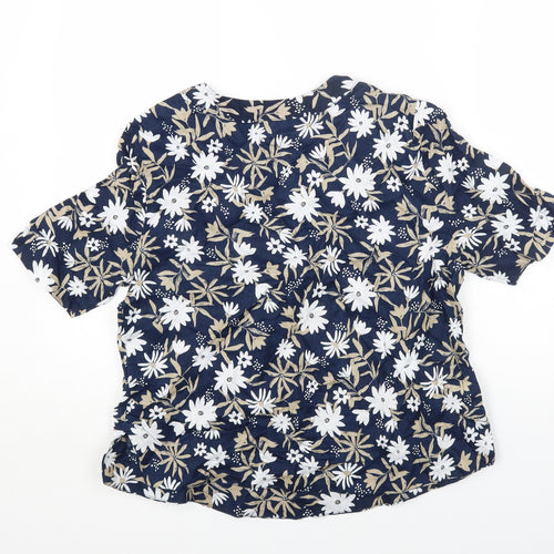 Marks and Spencer Womens Blue Floral Linen Basic T-Shirt Size 10 Round Neck