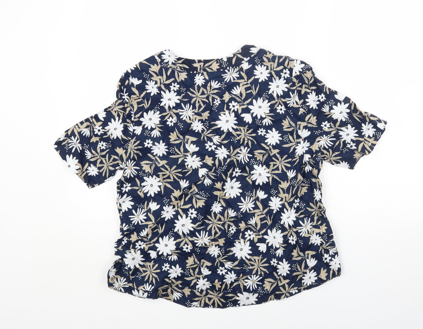 Marks and Spencer Womens Blue Floral Linen Basic T-Shirt Size 10 Round Neck