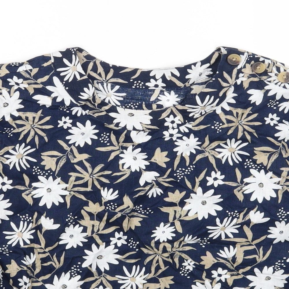 Marks and Spencer Womens Blue Floral Linen Basic T-Shirt Size 10 Round Neck