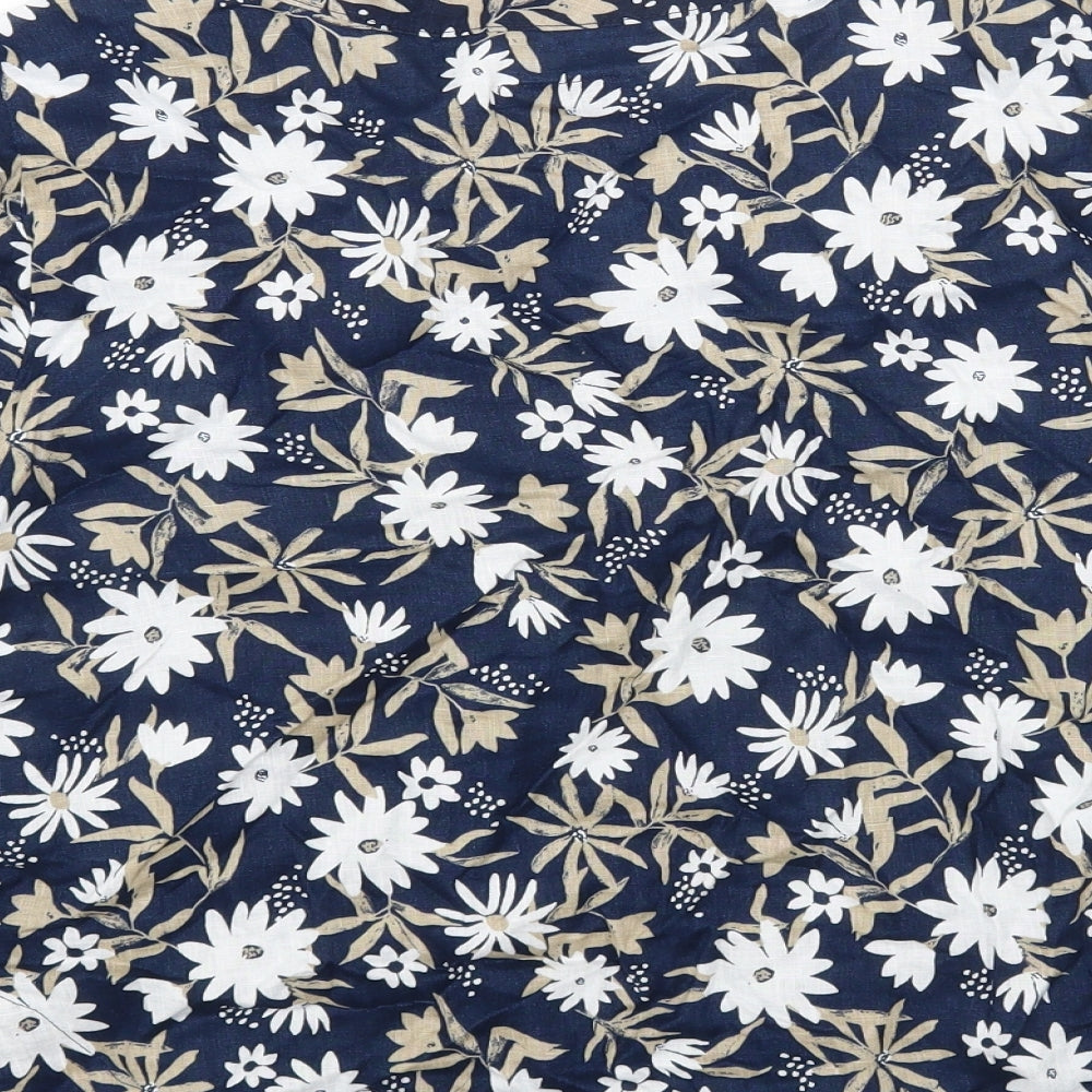 Marks and Spencer Womens Blue Floral Linen Basic T-Shirt Size 10 Round Neck