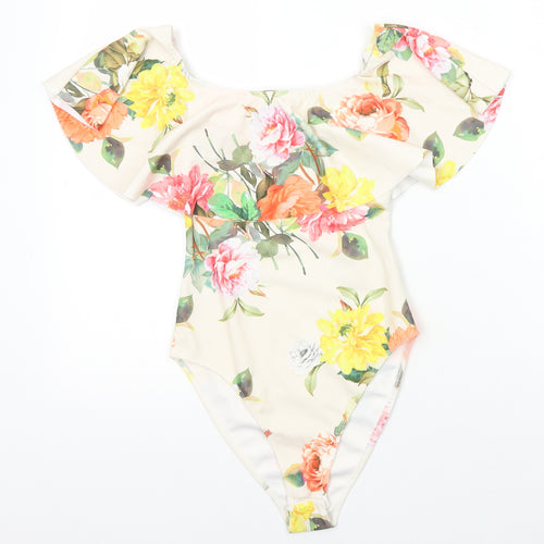 New Look Womens Ivory Floral Polyester Bodysuit One-Piece Size 10 Snap