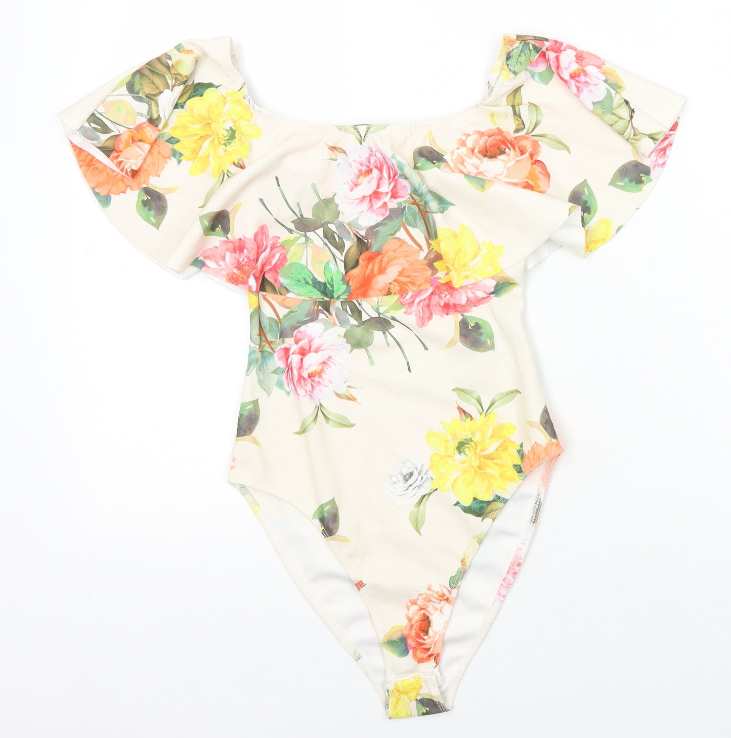 New Look Womens Ivory Floral Polyester Bodysuit One-Piece Size 10 Snap