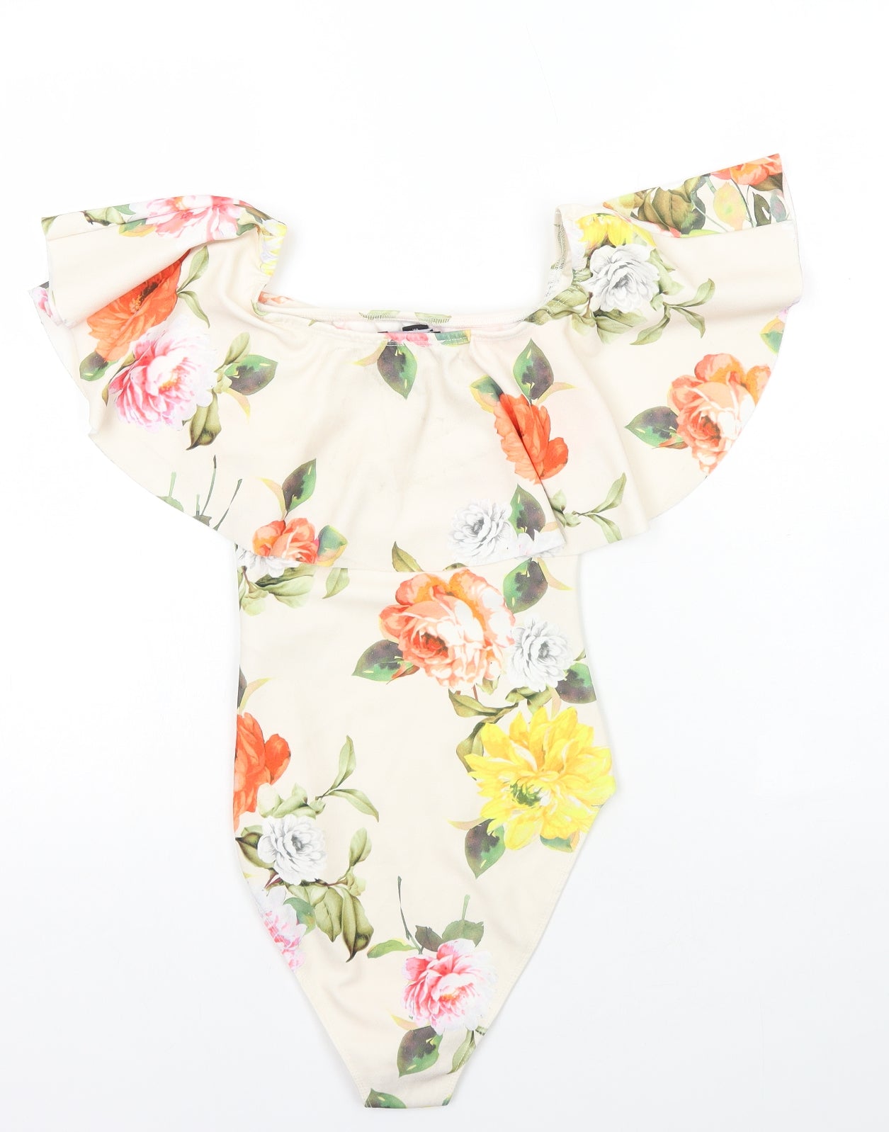 New Look Womens Ivory Floral Polyester Bodysuit One-Piece Size 10 Snap