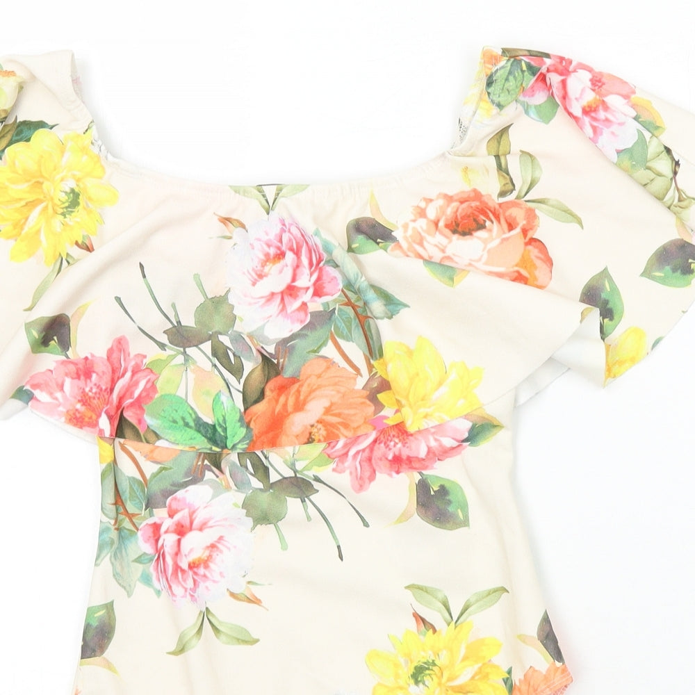 New Look Womens Ivory Floral Polyester Bodysuit One-Piece Size 10 Snap