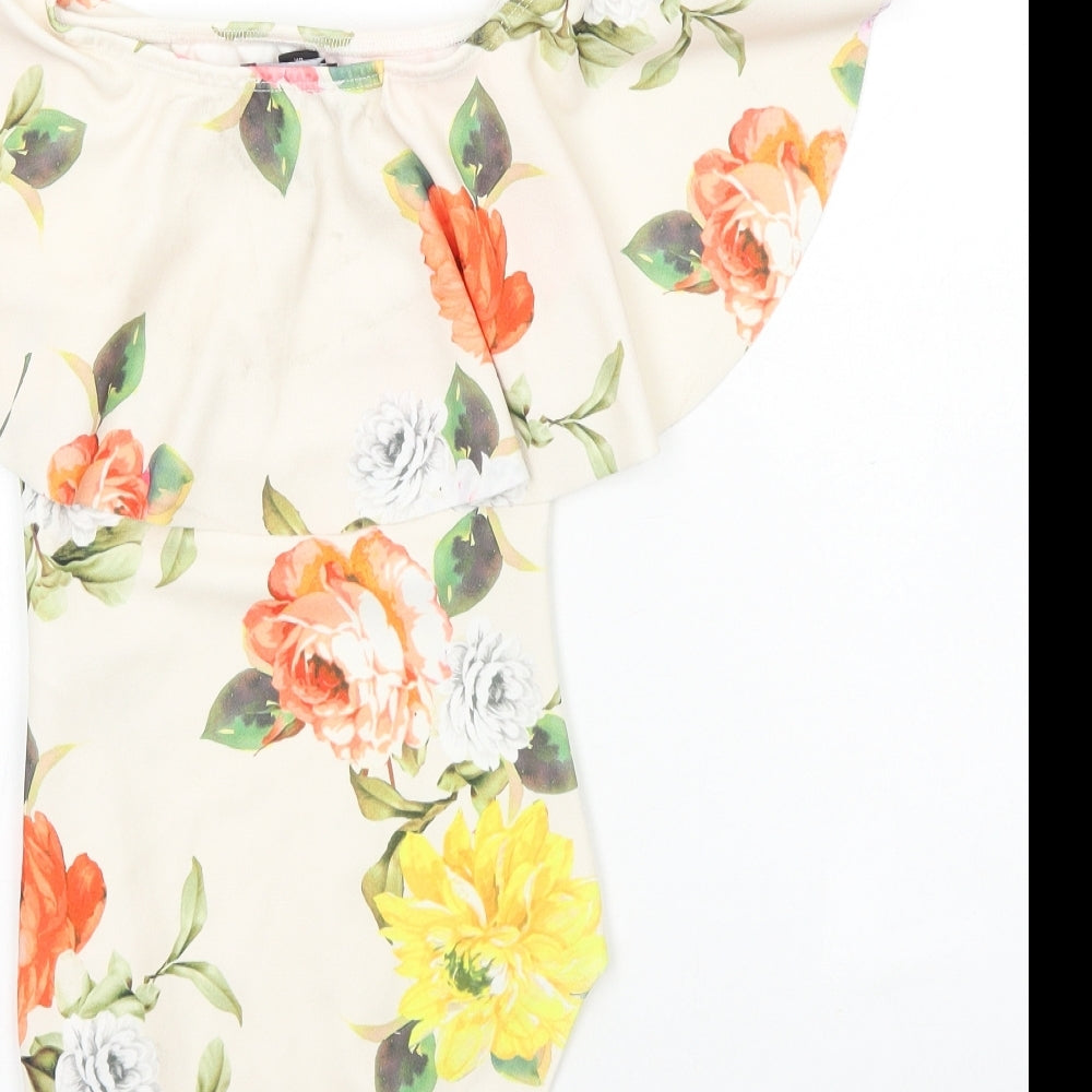 New Look Womens Ivory Floral Polyester Bodysuit One-Piece Size 10 Snap