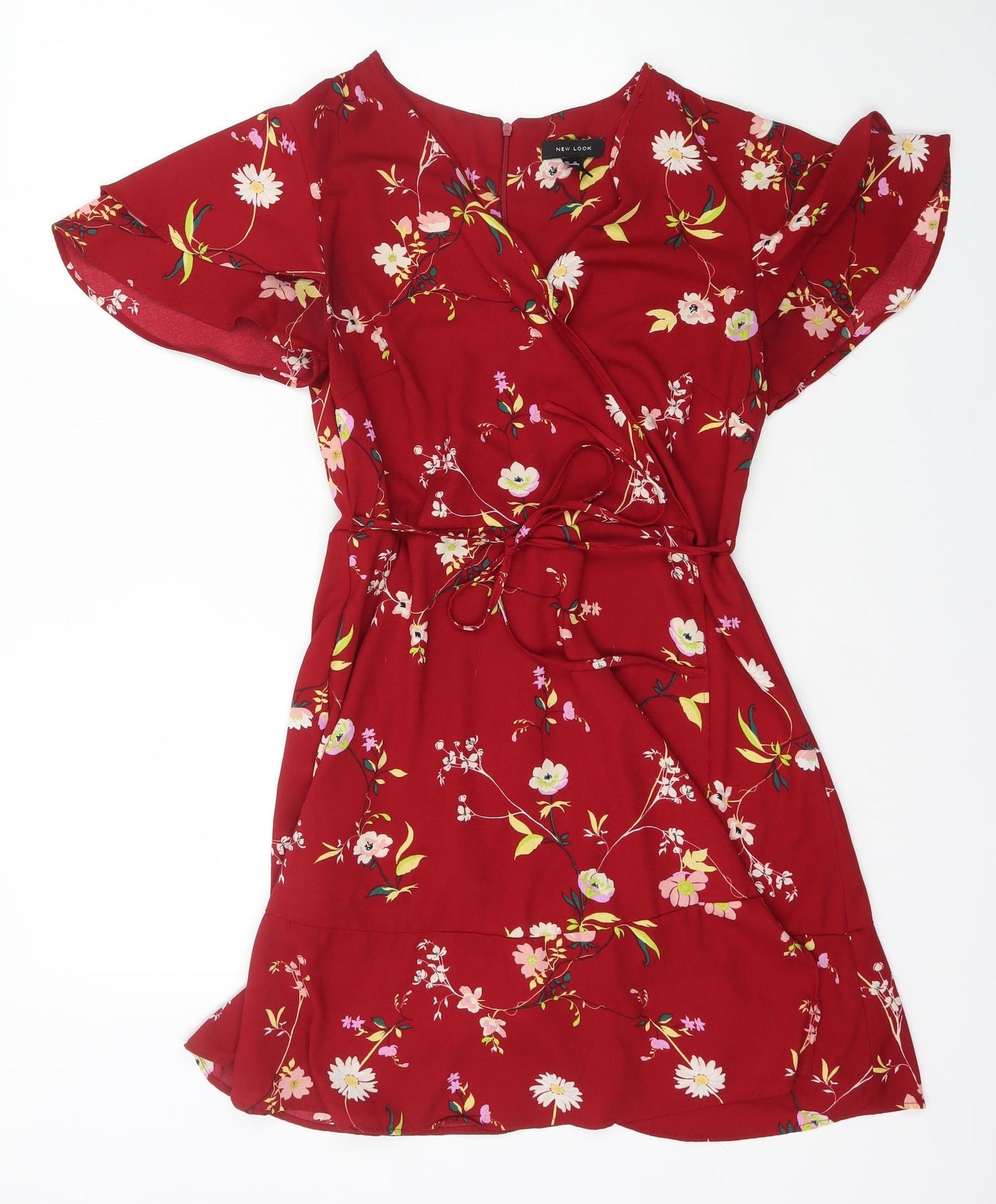 New Look Womens Red Floral Polyester Wrap Dress Size 12 V-Neck Zip