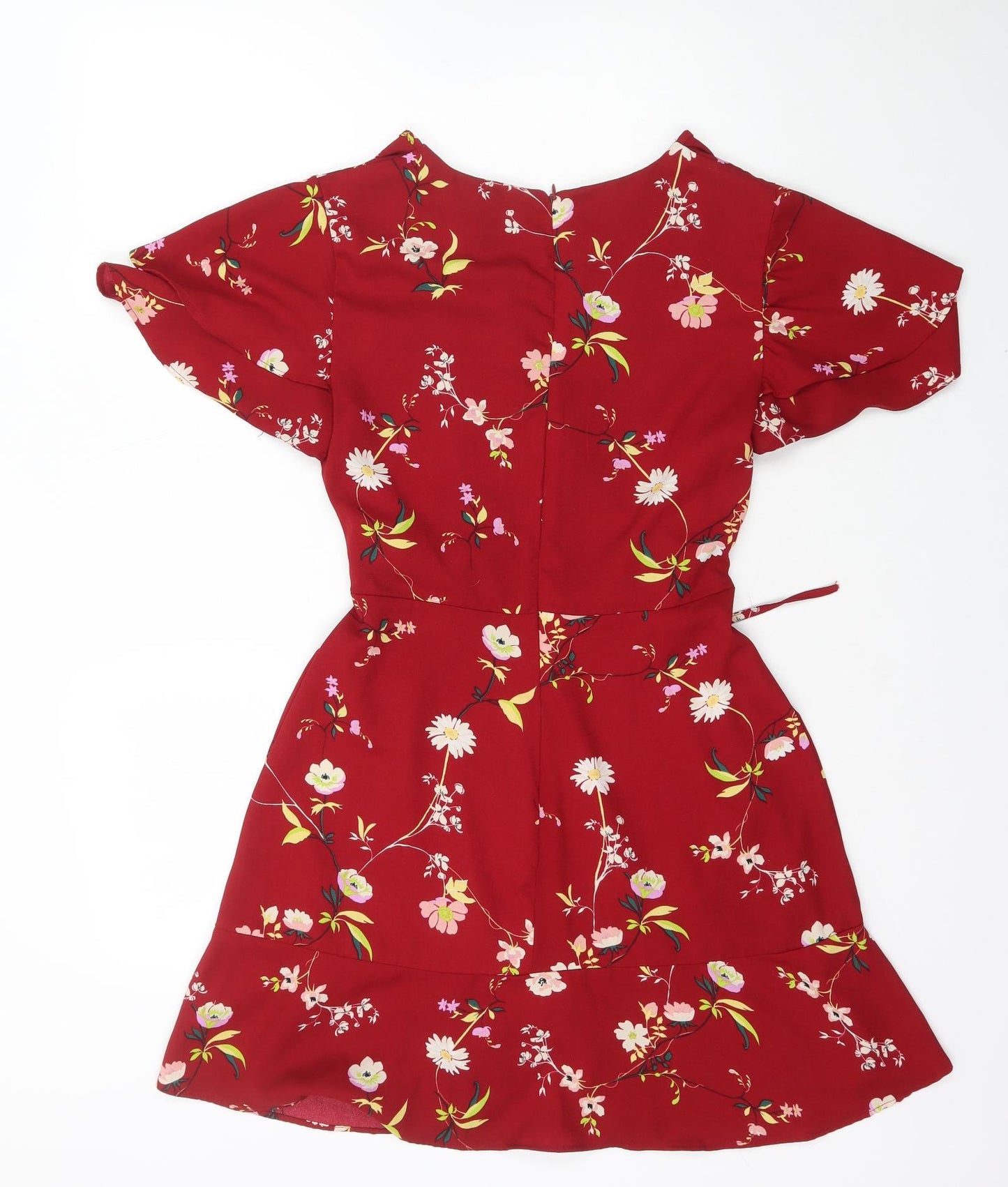 New Look Womens Red Floral Polyester Wrap Dress Size 12 V-Neck Zip
