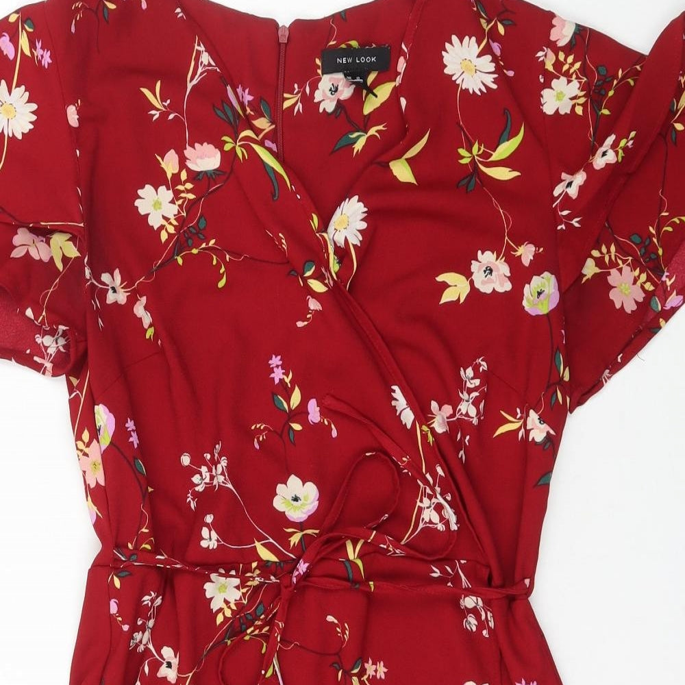 New Look Womens Red Floral Polyester Wrap Dress Size 12 V-Neck Zip