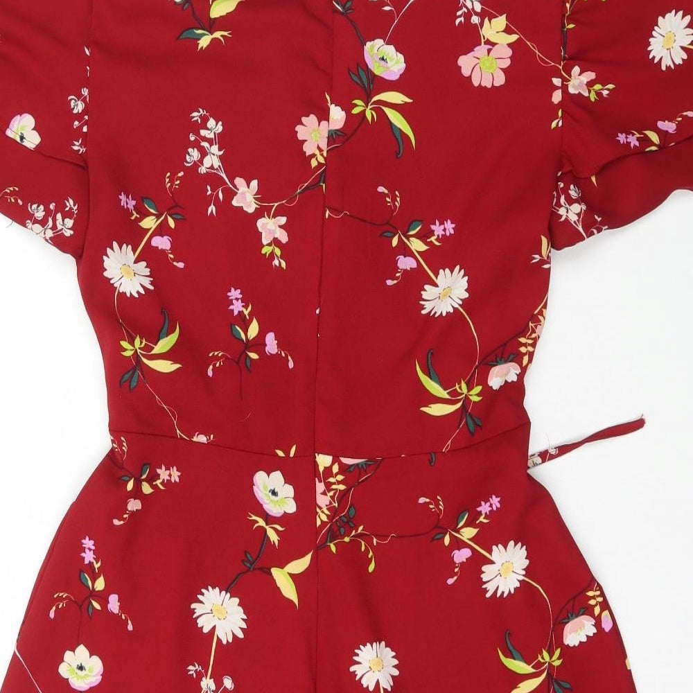 New Look Womens Red Floral Polyester Wrap Dress Size 12 V-Neck Zip