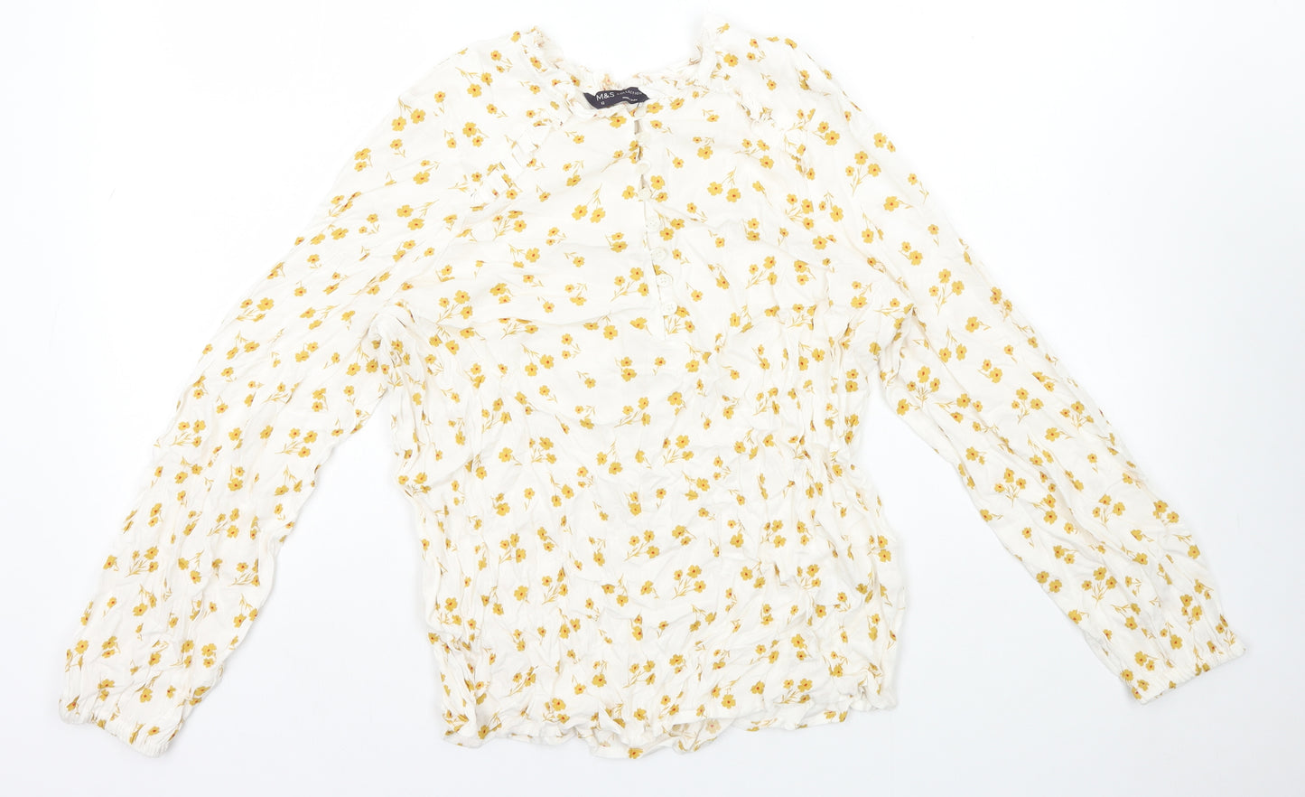 Marks and Spencer Womens Ivory Floral Viscose Basic Blouse Size 12 Round Neck