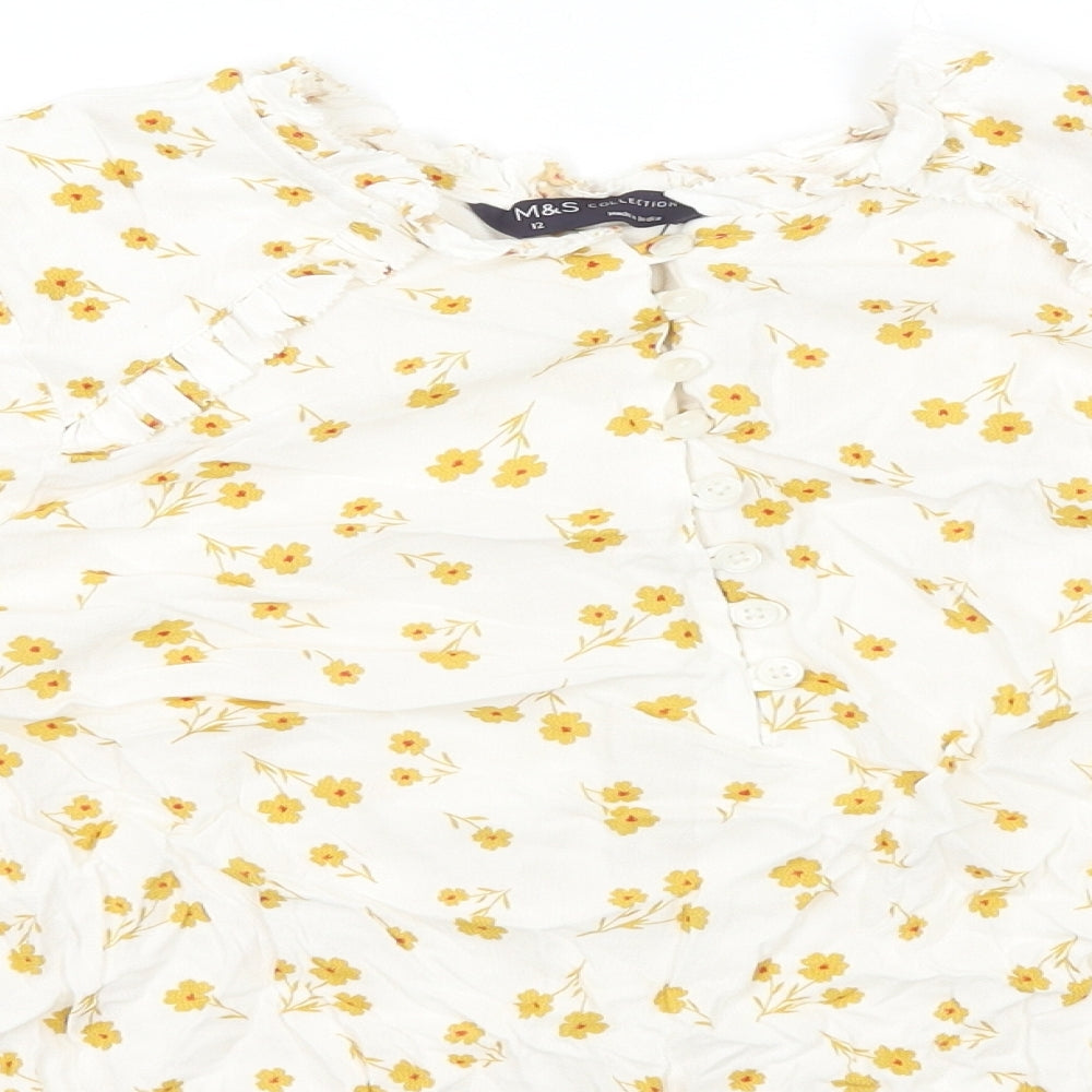 Marks and Spencer Womens Ivory Floral Viscose Basic Blouse Size 12 Round Neck