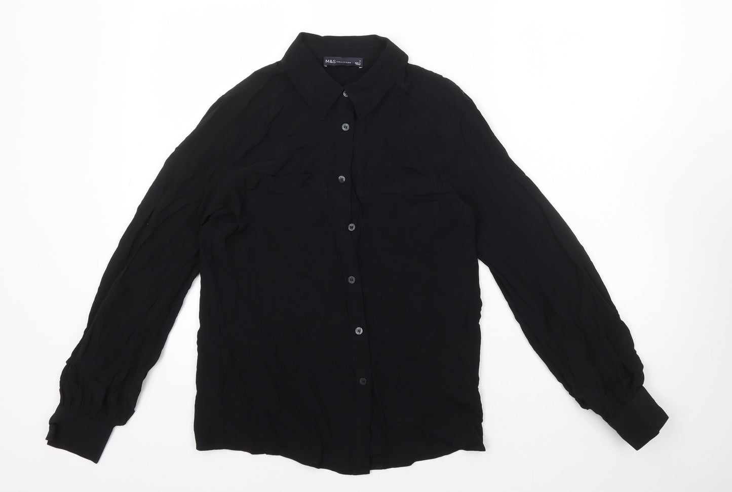 Marks and Spencer Womens Black Viscose Basic Button-Up Size 6 Collared