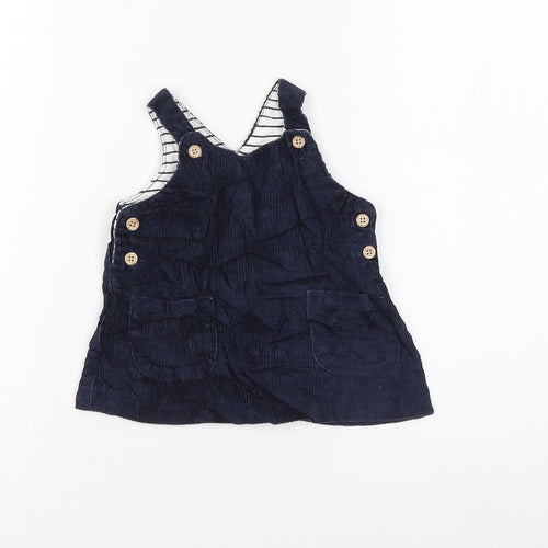 NEXT Girls Blue Cotton Pinafore/Dungaree Dress Size 3-6 Months Round Neck Button