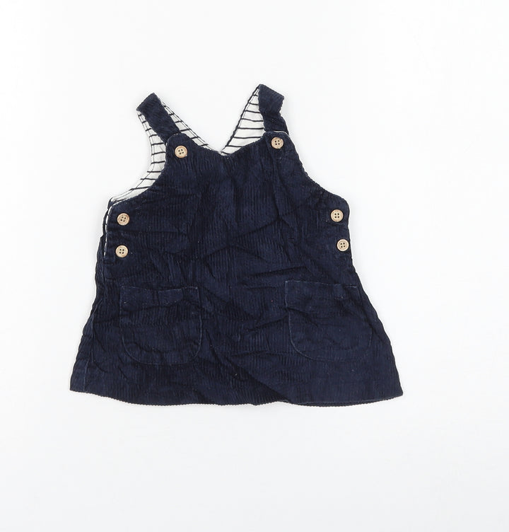 NEXT Girls Blue Cotton Pinafore/Dungaree Dress Size 3-6 Months Round Neck Button