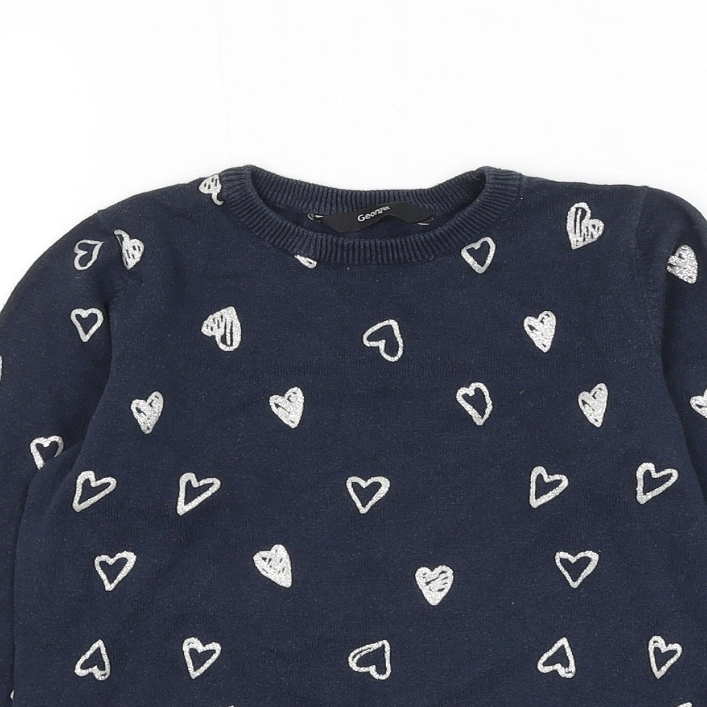 George Girls Blue Round Neck Geometric Cotton Pullover Jumper Size 6-7 Years Pullover - Heart