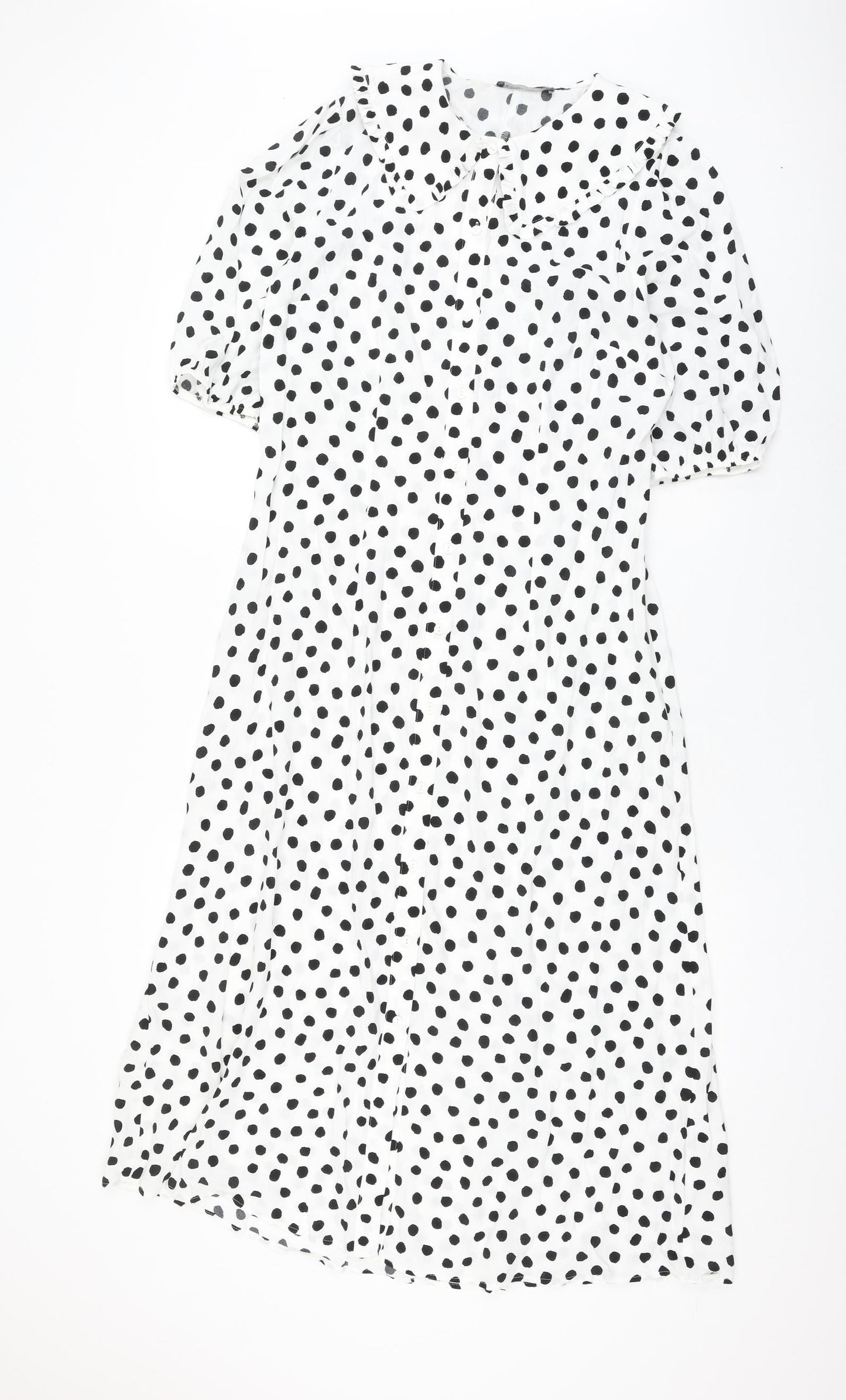 Marks and Spencer Womens White Polka Dot Viscose Shift Size 12 Collared Button