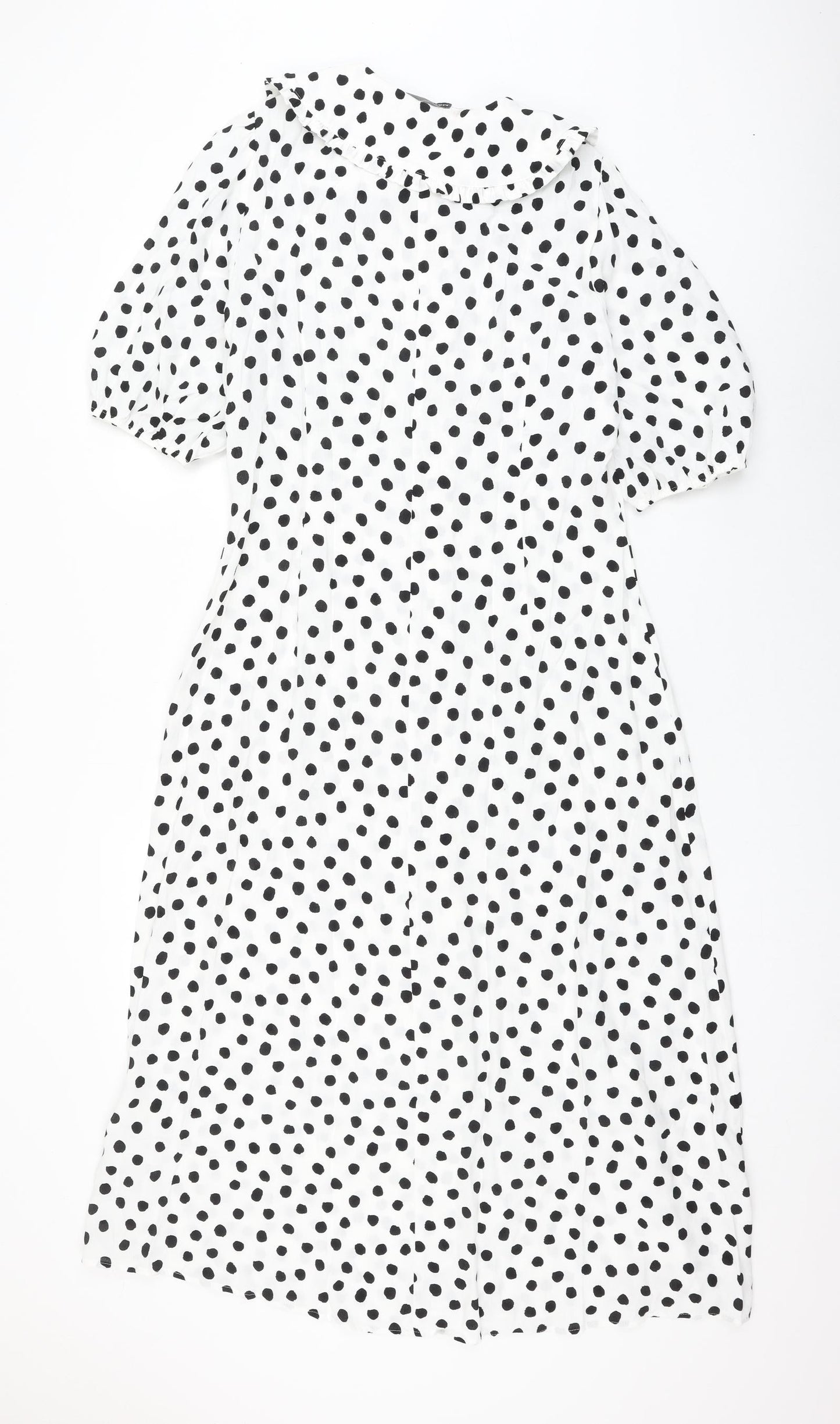 Marks and Spencer Womens White Polka Dot Viscose Shift Size 12 Collared Button