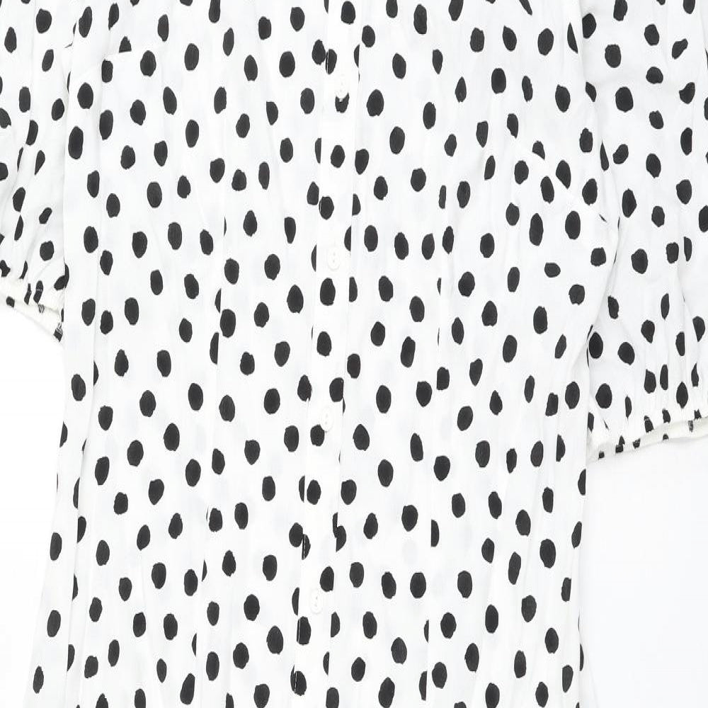 Marks and Spencer Womens White Polka Dot Viscose Shift Size 12 Collared Button