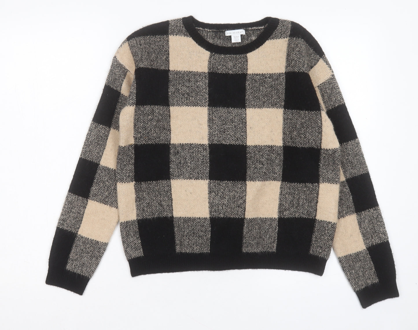 Primark Girls Beige Crew Neck Plaid Acrylic Pullover Jumper Size 13-14 Years Pullover