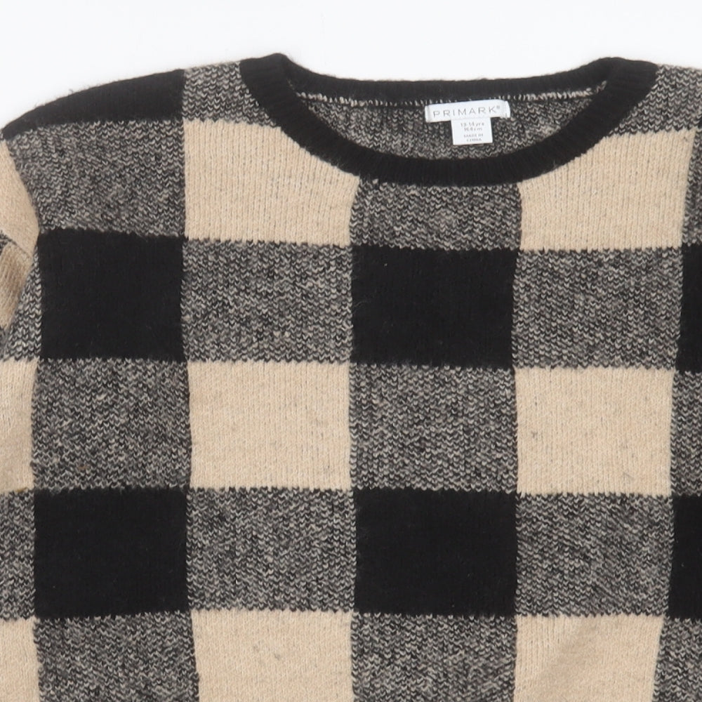 Primark Girls Beige Crew Neck Plaid Acrylic Pullover Jumper Size 13-14 Years Pullover