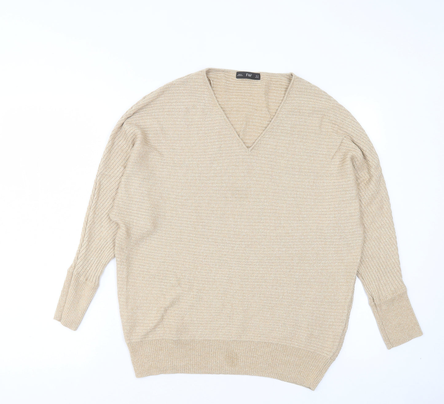 F&F Womens Gold V-Neck Viscose Pullover Jumper Size 8