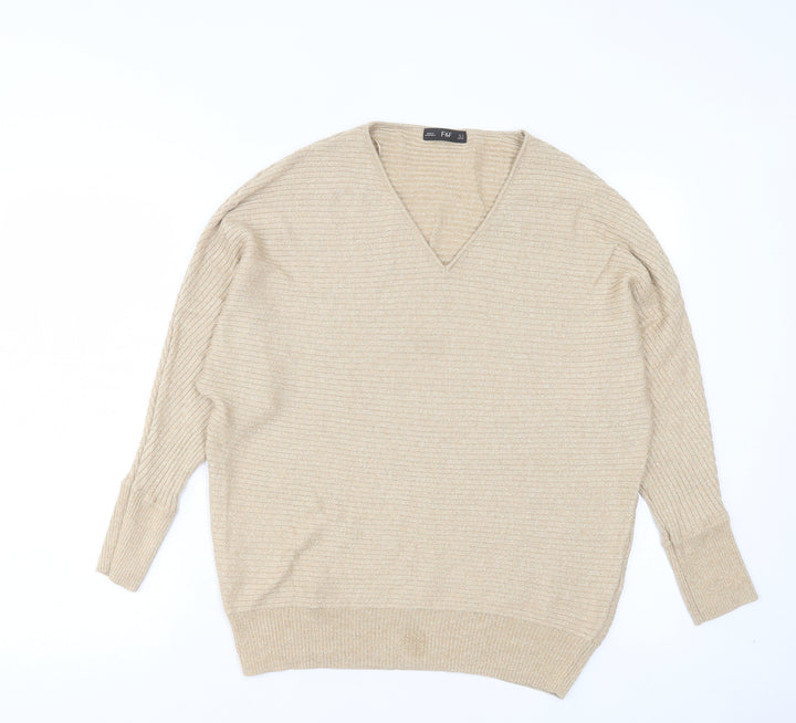 F&F Womens Gold V-Neck Viscose Pullover Jumper Size 8