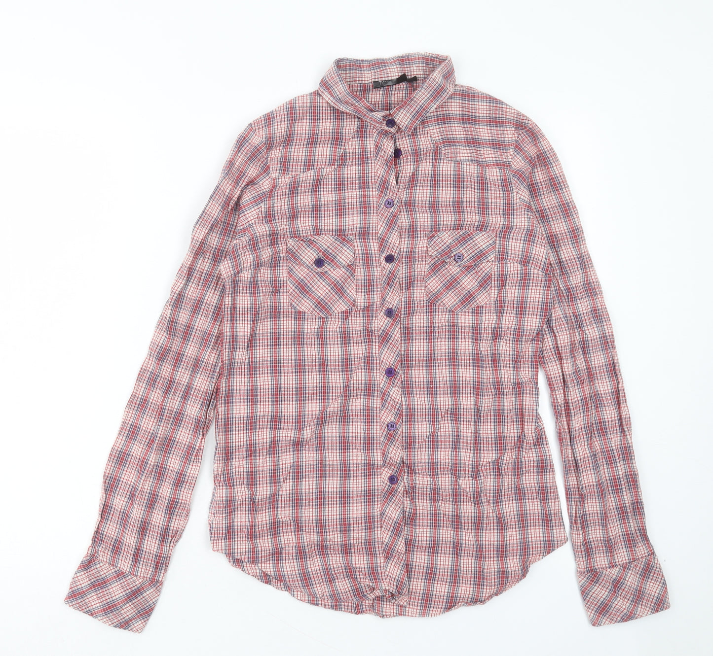 Topshop Womens Red Plaid Cotton Basic Button-Up Size 10 Collared