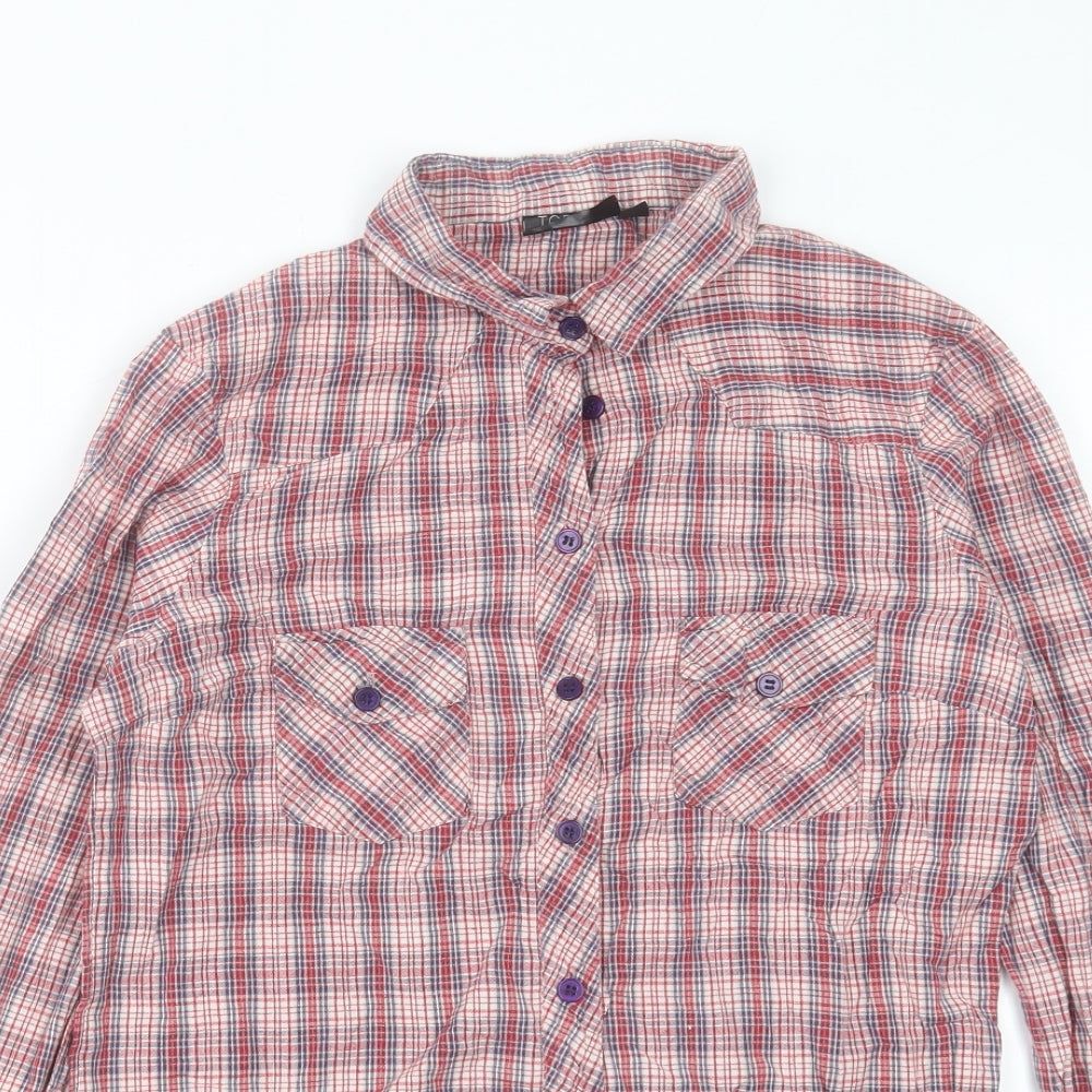 Topshop Womens Red Plaid Cotton Basic Button-Up Size 10 Collared